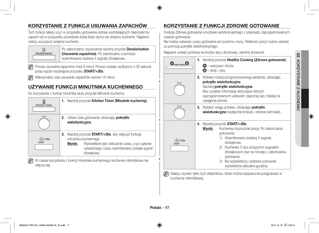 Samsung MS23H3115FK/EO manual Korzystanie Z Funkcji Usuwania Zapachów, Używanie Funkcji Minutnika Kuchennego 