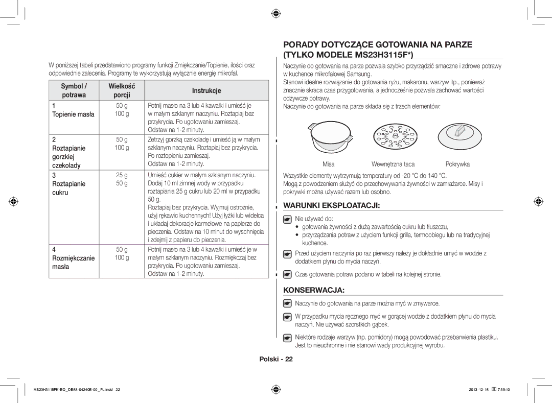 Samsung MS23H3115FK/EO Porady Dotyczące Gotowania NA Parze Tylko Modele MS23H3115F, Warunki Eksploatacji, Konserwacja 