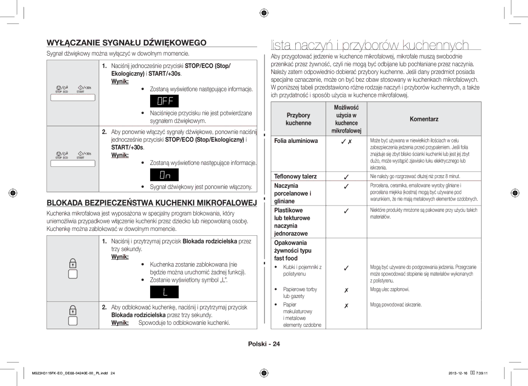 Samsung MS23H3115FK/EO manual Lista naczyń i przyborów kuchennych, Wyłączanie Sygnału Dźwiękowego 