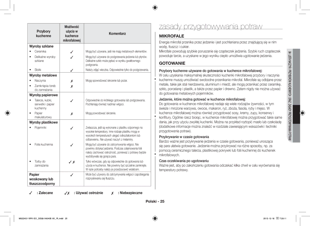 Samsung MS23H3115FK/EO manual Zasady przygotowywania potraw, Mikrofale, Papier, Zalecane Używać ostrożnie 