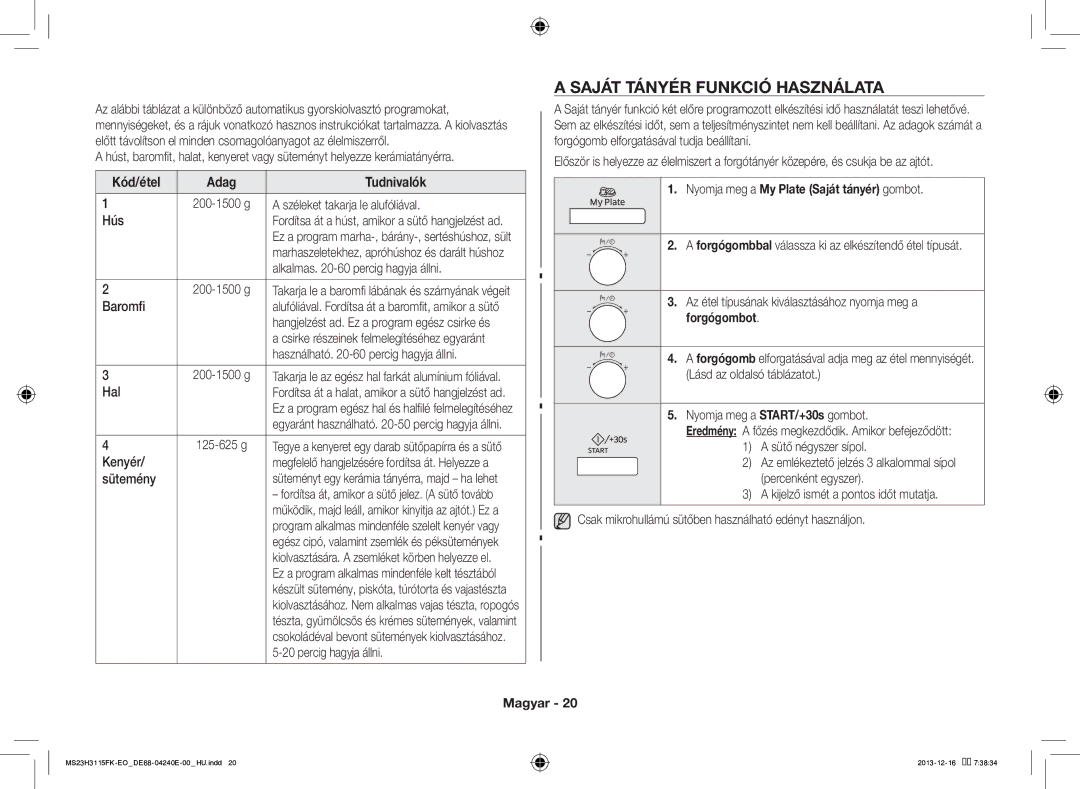 Samsung MS23H3115FK/EO manual Saját Tányér Funkció Használata, Nyomja meg a My Plate Saját tányér gombot 