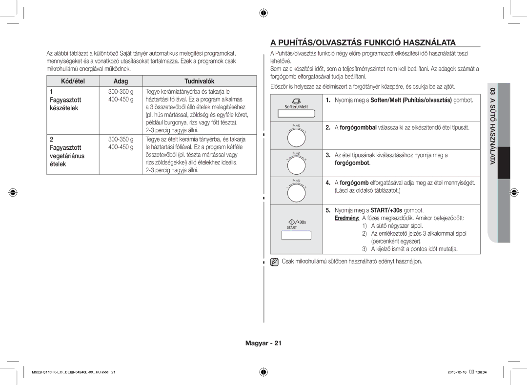 Samsung MS23H3115FK/EO manual PUHÍTÁS/OLVASZTÁS Funkció Használata 