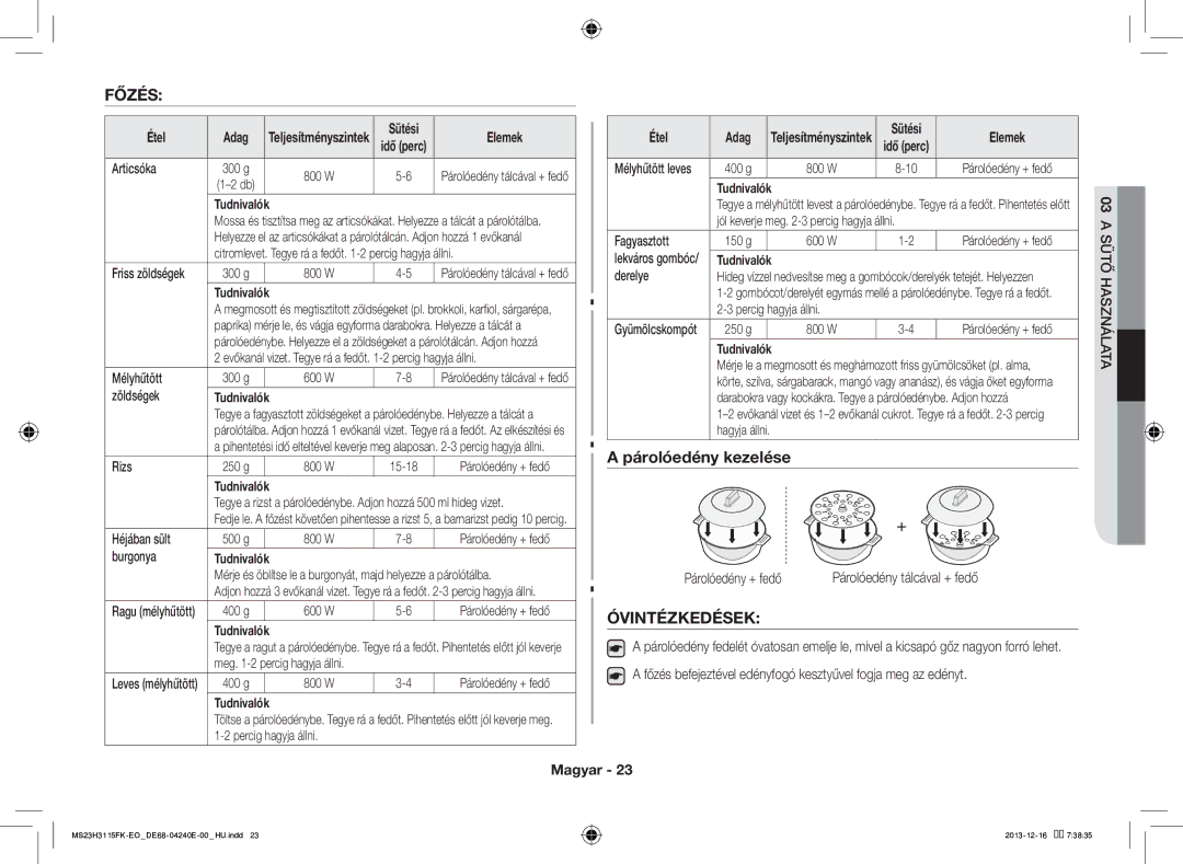 Samsung MS23H3115FK/EO manual Főzés, Párolóedény kezelése, Óvintézkedések, Étel Adag, Elemek 