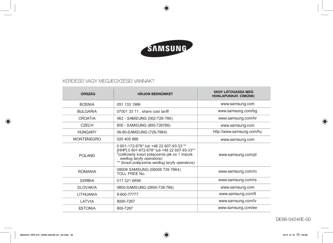 Samsung MS23H3115FK/EO manual Poland, HHP 0 801-672-678* lub +48 22 