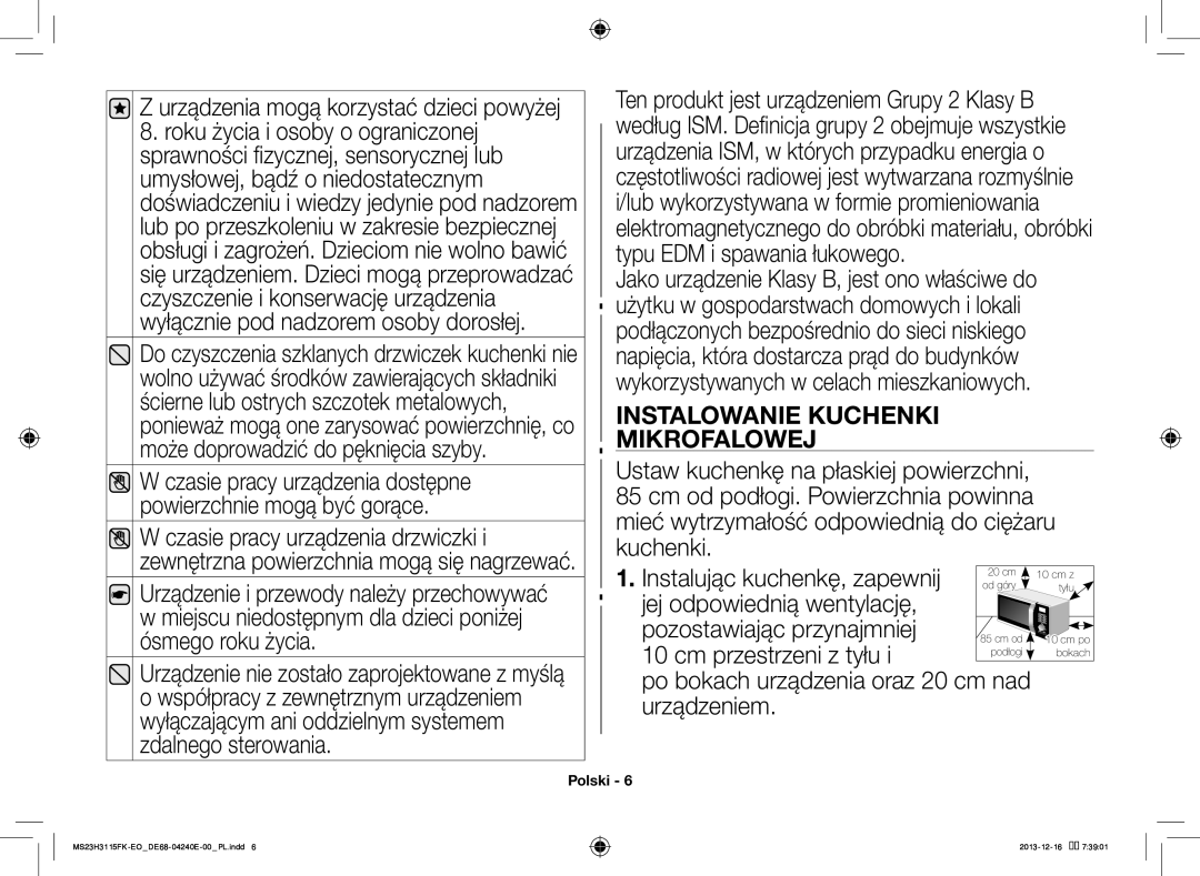 Samsung MS23H3115FK/EO manual Instalowanie Kuchenki Mikrofalowej, Instalując kuchenkę, zapewnij, Cm przestrzeni z tyłu 