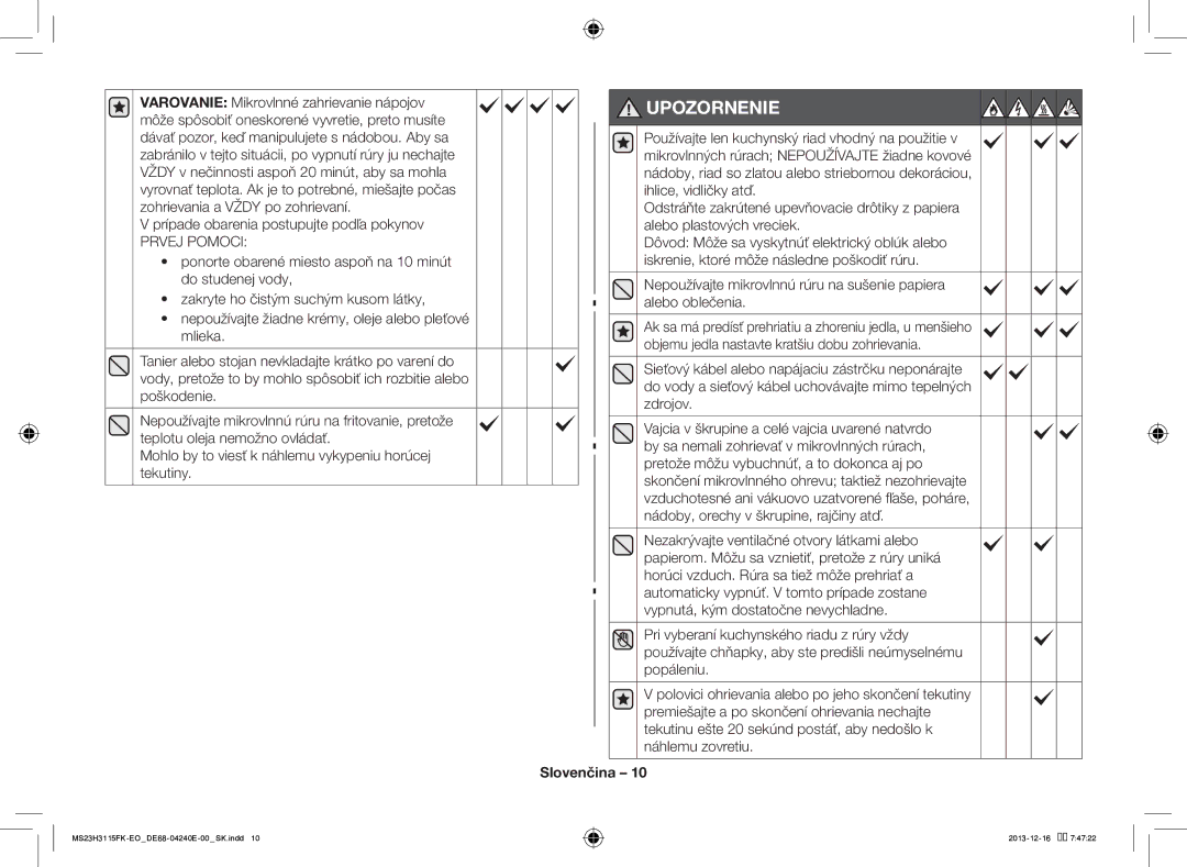 Samsung MS23H3115FK/EO manual Prípade obarenia postupujte podľa pokynov, Prvej Pomoci 