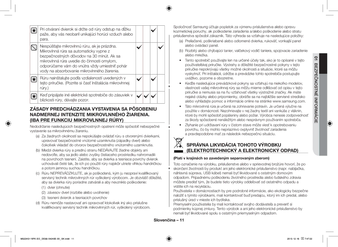 Samsung MS23H3115FK/EO manual Platí v krajinách so zavedeným separovaným zberom 