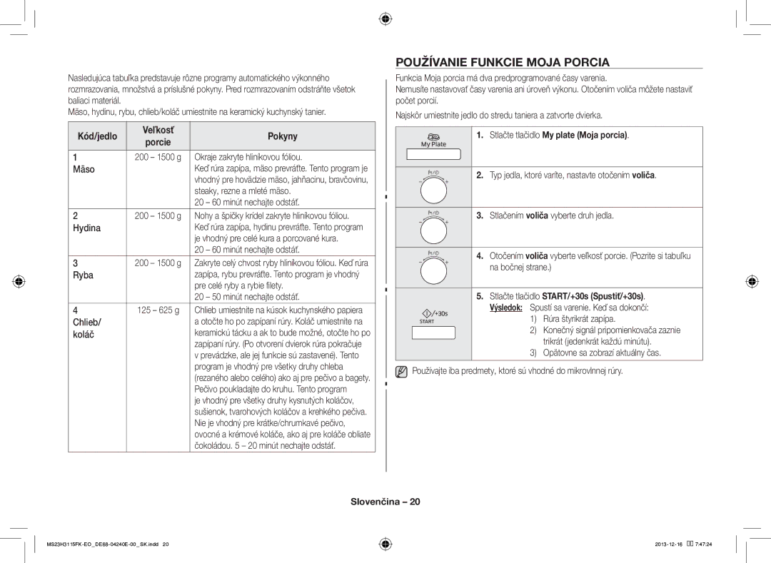 Samsung MS23H3115FK/EO manual Používanie Funkcie Moja Porcia, Stlačte tlačidlo My plate Moja porcia 