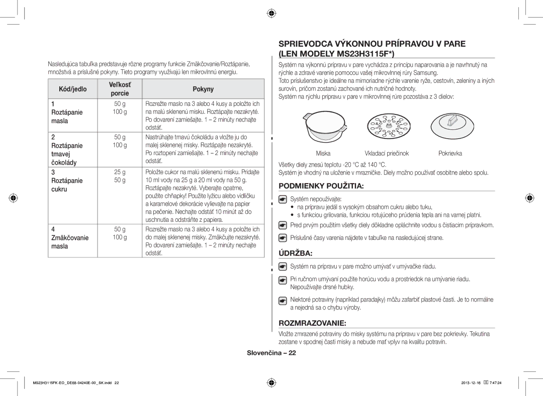 Samsung MS23H3115FK/EO manual Sprievodca Výkonnou Prípravou V Pare LEN Modely MS23H3115F, Podmienky Použitia, Údržba 