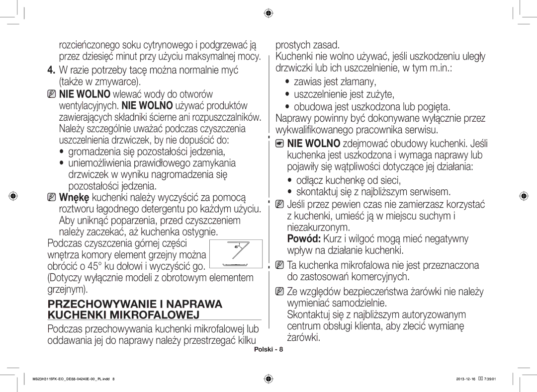 Samsung MS23H3115FK/EO manual Przechowywanie I Naprawa, Kuchenki Mikrofalowej 