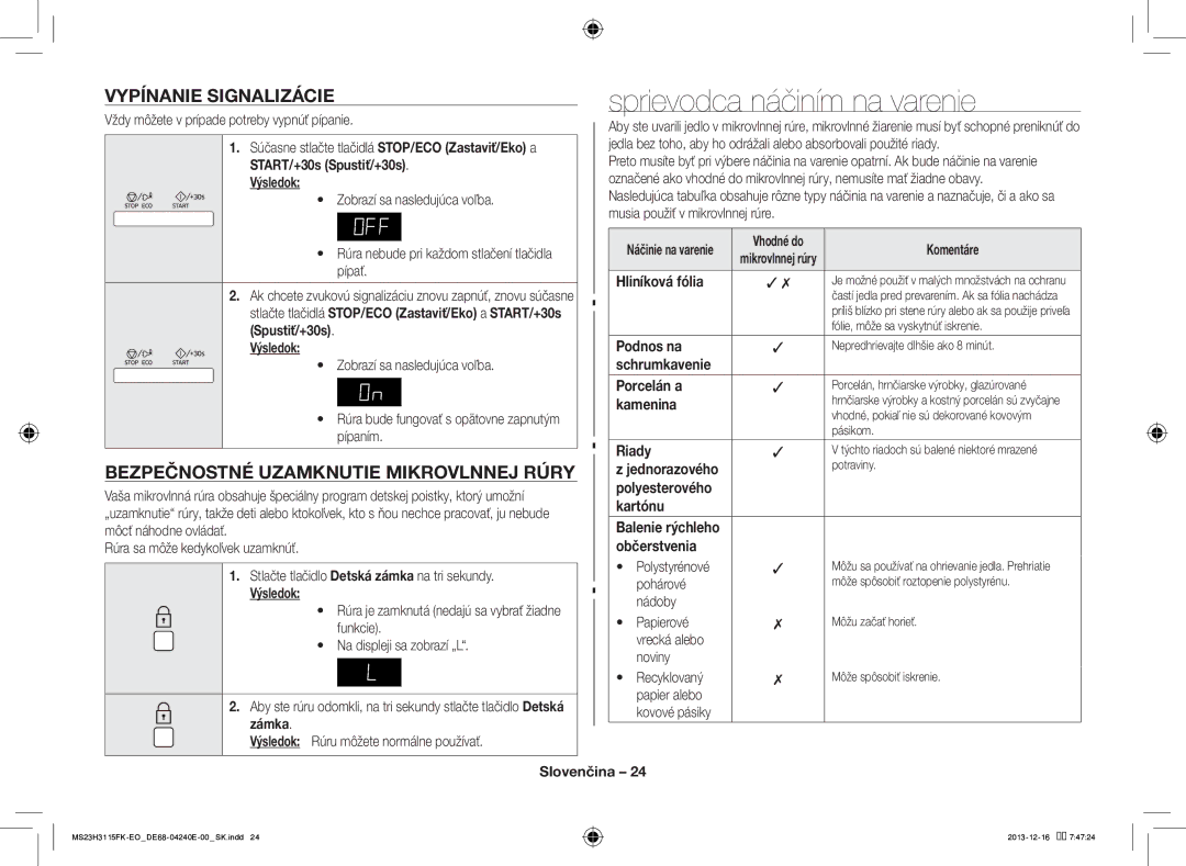 Samsung MS23H3115FK/EO Sprievodca náčiním na varenie, Vypínanie Signalizácie, Bezpečnostné Uzamknutie Mikrovlnnej Rúry 