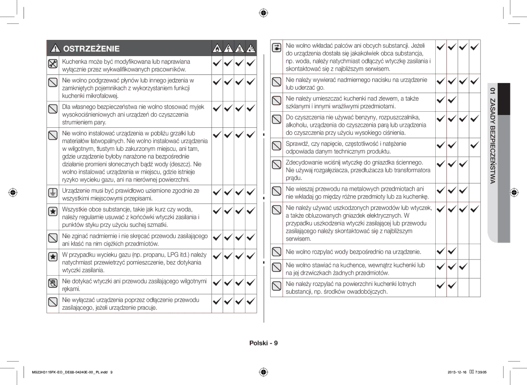 Samsung MS23H3115FK/EO manual Szklanymi i innymi wrażliwymi przedmiotami, Do czyszczenia przy użyciu wysokiego ciśnienia 