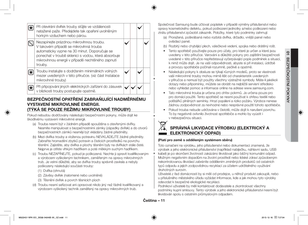 Samsung MS23H3115FK/EO manual Správná Likvidace Výrobku Elektrický a Elektronický Odpad 