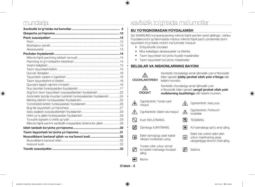 Samsung MS23H3115QK/BW Xavfsizlik togrisida malumotlar, BU Yoriqnomadan Foydalanish, Belgilar VA Nishonlarning Bayoni 