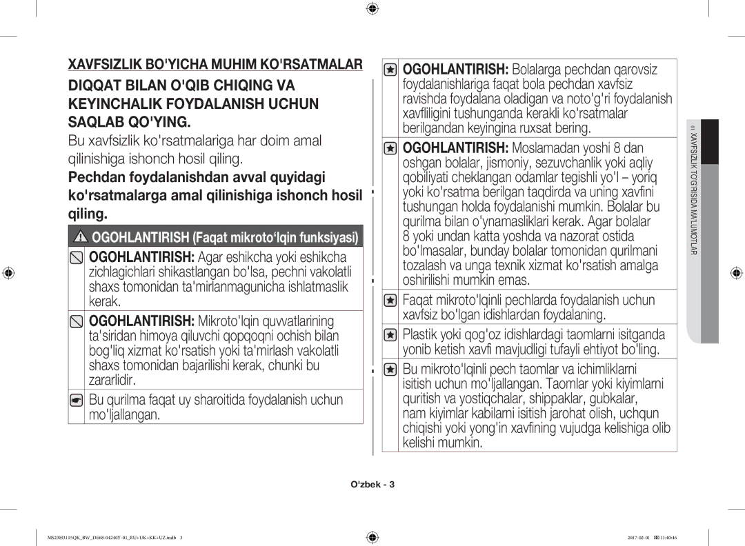 Samsung MS23H3115QK/BW manual Xavfsizlik Boyicha Muhim Korsatmalar 