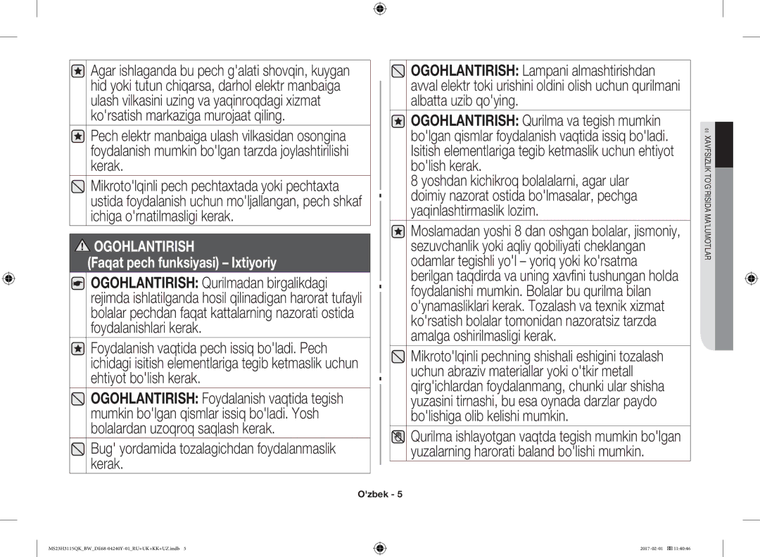 Samsung MS23H3115QK/BW manual Bug yordamida tozalagichdan foydalanmaslik kerak, Ogohlantirish 