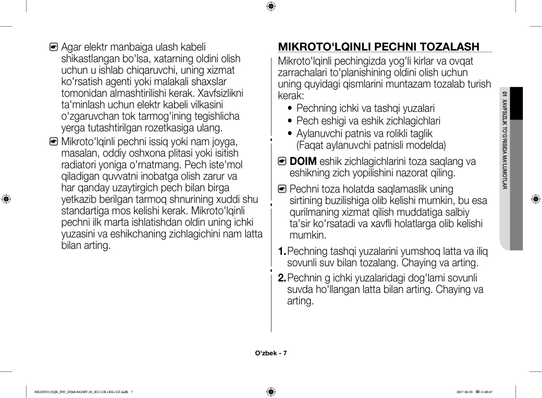 Samsung MS23H3115QK/BW manual Mikrotolqinli Pechni Tozalash 