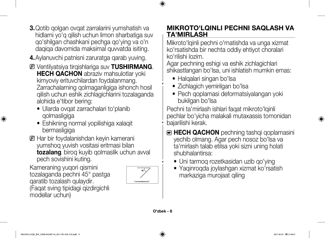 Samsung MS23H3115QK/BW manual Mikrotolqinli Pechni Saqlash VA Tamirlash 