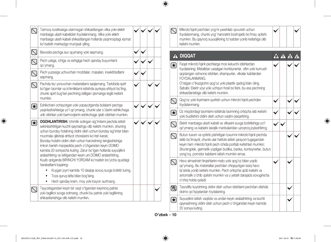 Samsung MS23H3115QK/BW manual Toza quruq latta bilan boglang, Hech qanday krem, moy yoki losyon surtmang 