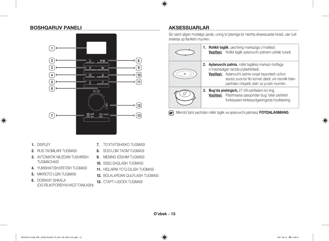 Samsung MS23H3115QK/BW manual Boshqaruv Paneli, Aksessuarlar 