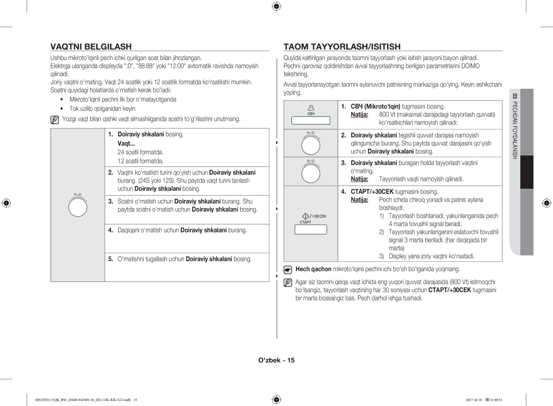 Samsung MS23H3115QK/BW manual Vaqtni Belgilash, Taom TAYYORLASH/ISITISH, Doiraviy shkalani bosing Vaqt, Soatli formatda 