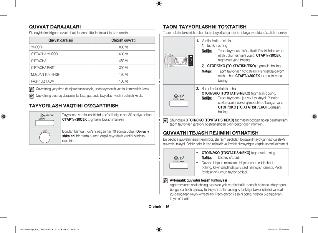 Samsung MS23H3115QK/BW manual Quvvat Darajalari Taom Tayyorlashni Toxtatish, Tayyorlash Vaqtini Ozgartirish 