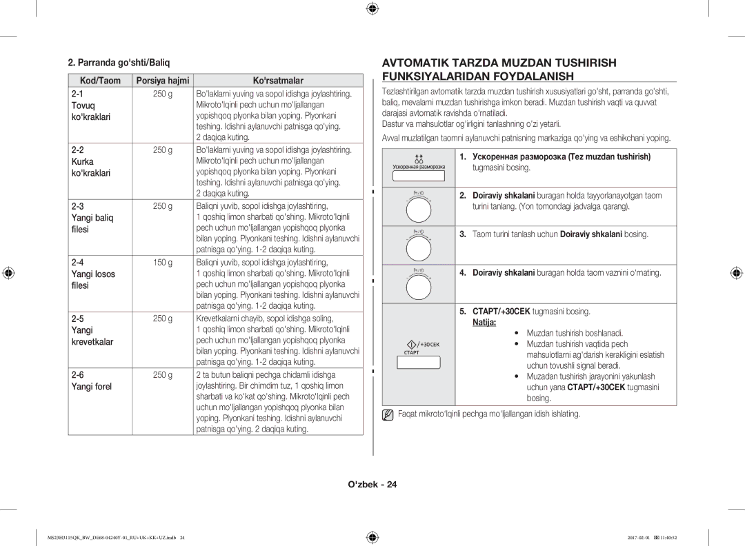 Samsung MS23H3115QK/BW manual Parranda goshti/Baliq, Ускоренная разморозка Tez muzdan tushirish 