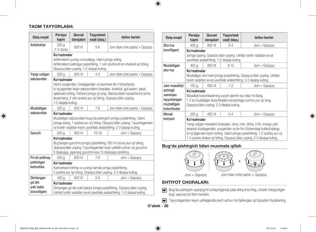 Samsung MS23H3115QK/BW manual Taom Tayyorlash, Bugda pishirgich bilan muomala qilish, Ehtiyot Choralari 