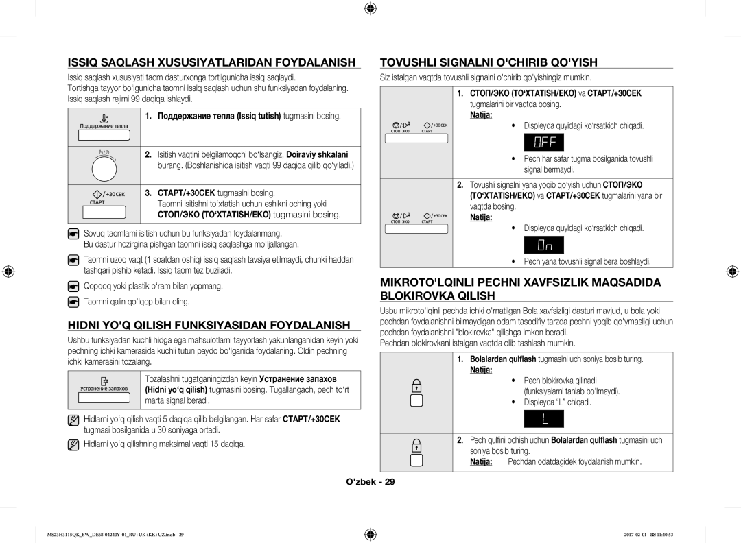 Samsung MS23H3115QK/BW manual Mikrotolqinli Pechni Xavfsizlik Maqsadida, Blokirovka Qilish 