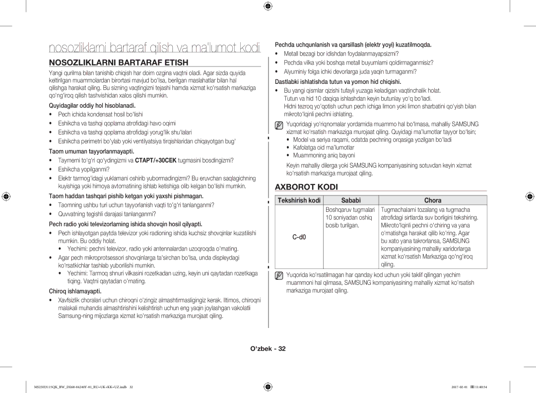 Samsung MS23H3115QK/BW manual Nosozliklarni bartaraf qilish va malumot kodi, Nosozliklarni Bartaraf Etish, Axborot Kodi 