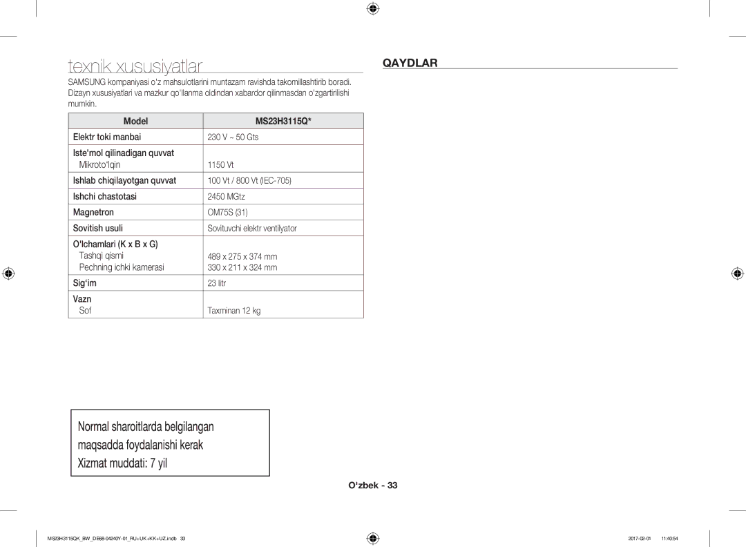 Samsung MS23H3115QK/BW manual Qaydlar, Model MS23H3115Q 