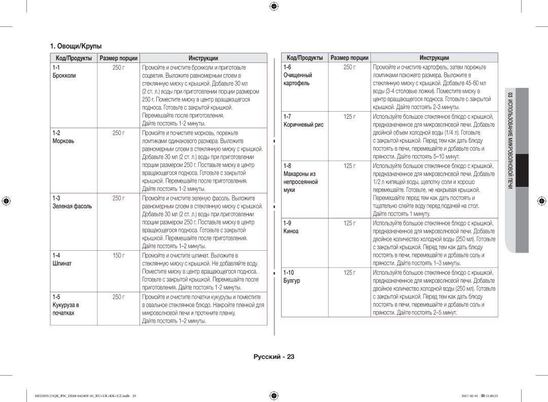 Samsung MS23H3115QK/BW manual Овощи/Крупы 