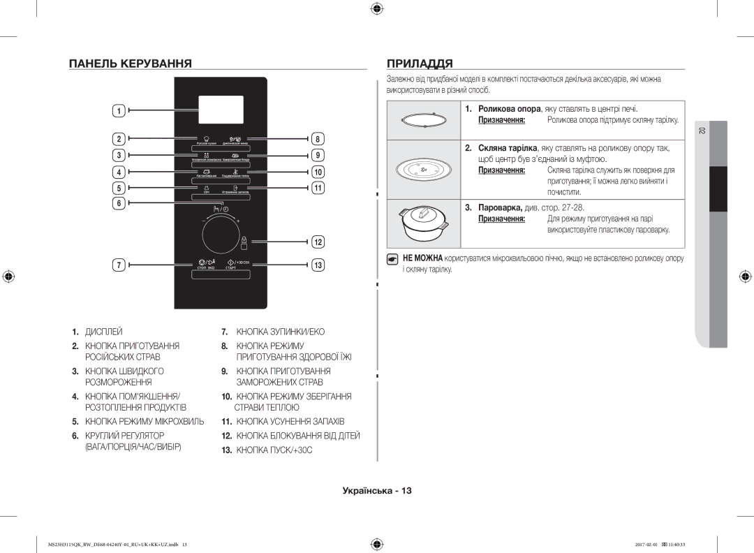 Samsung MS23H3115QK/BW manual Панель Керування, Приладдя, Роликова опора, яку ставлять в центрі печі, Пароварка, див. стор 