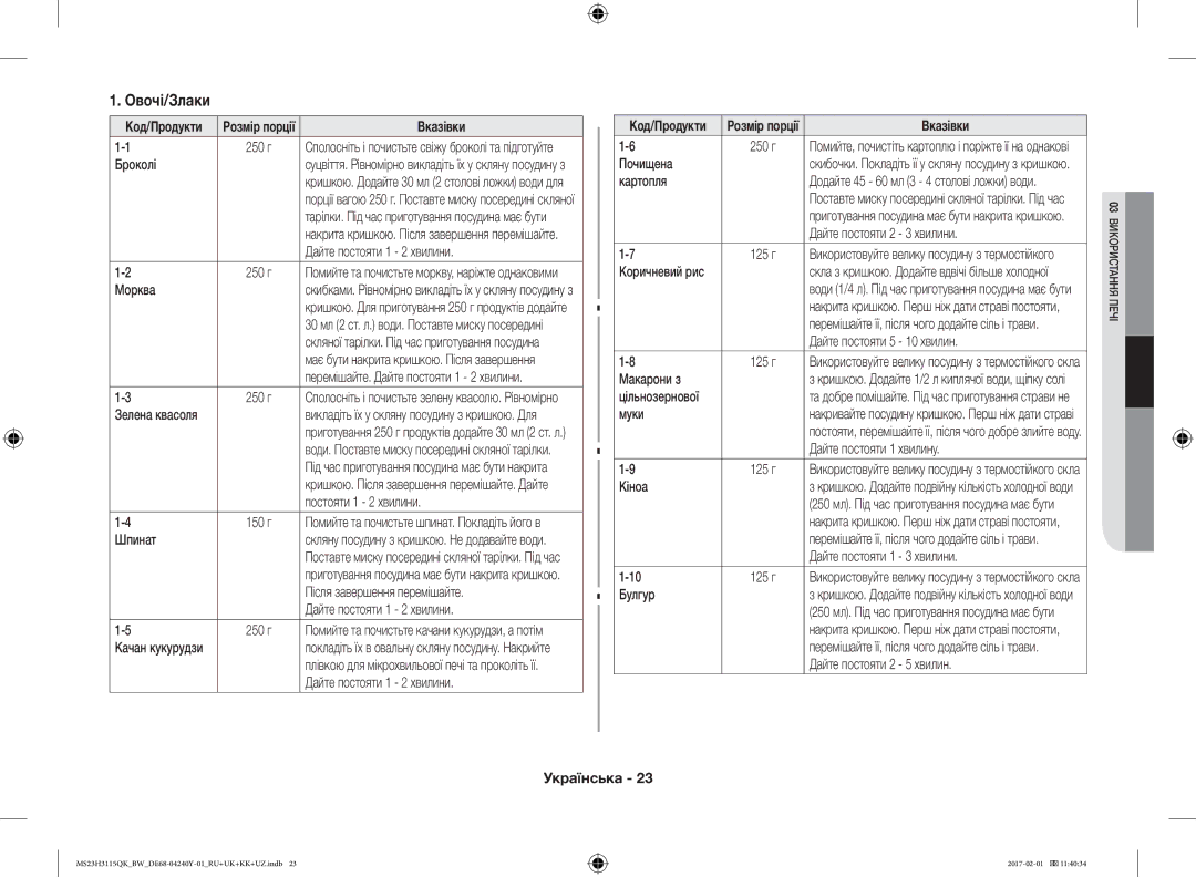 Samsung MS23H3115QK/BW manual Овочі/Злаки 