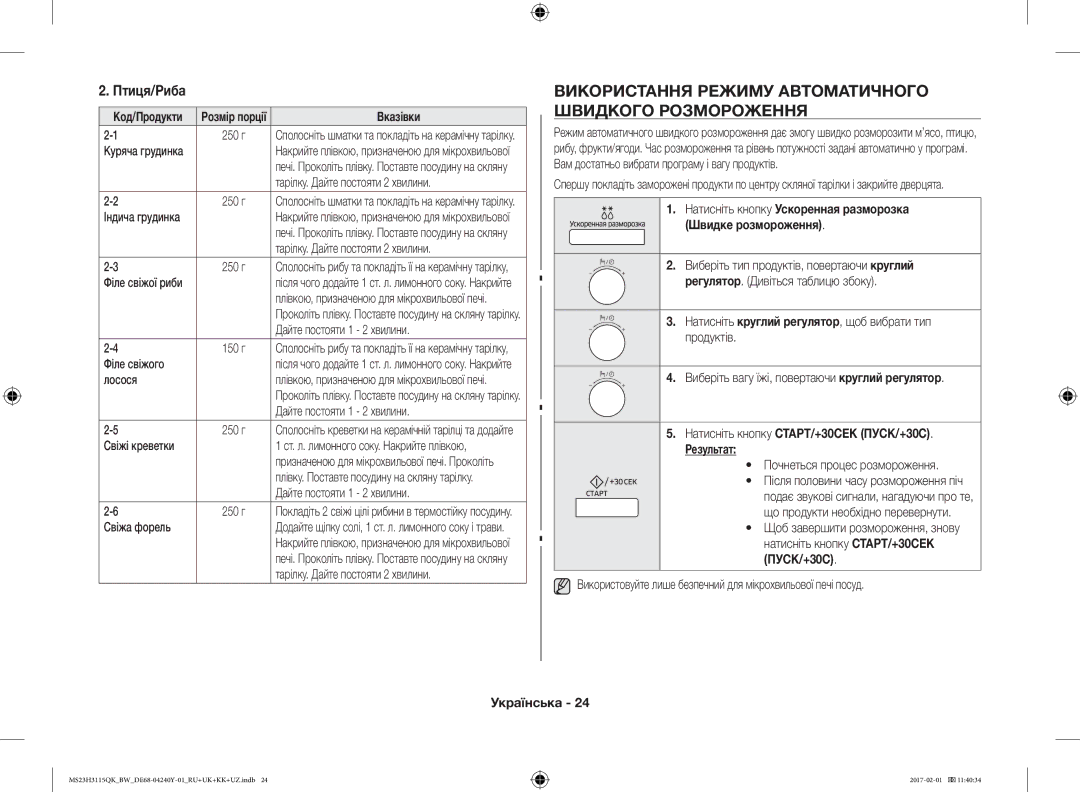 Samsung MS23H3115QK/BW manual Використання Режиму Автоматичного Швидкого Розмороження, Птиця/Риба 