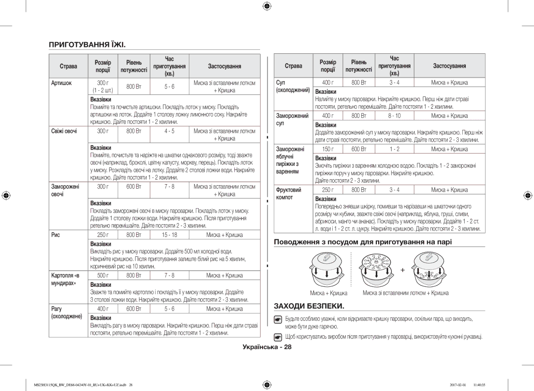 Samsung MS23H3115QK/BW manual Приготування ЇЖІ, Поводження з посудом для приготування на парі, Заходи Безпеки, Страва 