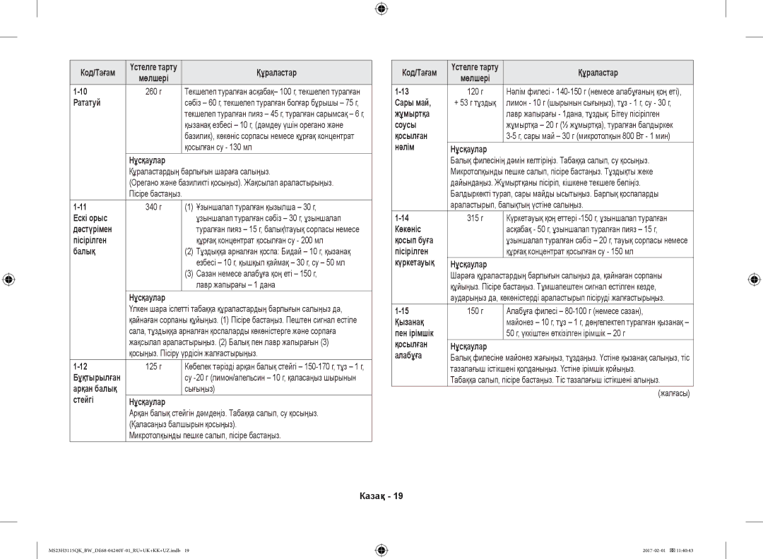 Samsung MS23H3115QK/BW Рататуй, Ескі орыс, Пісірілген, Балық, Стейгі Нұсқаулар, Сары май, Жұмыртқа, Соусы, Нәлім Нұсқаулар 