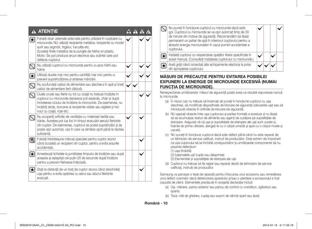 Samsung MS23H3125AK/OL manual Atenţie 