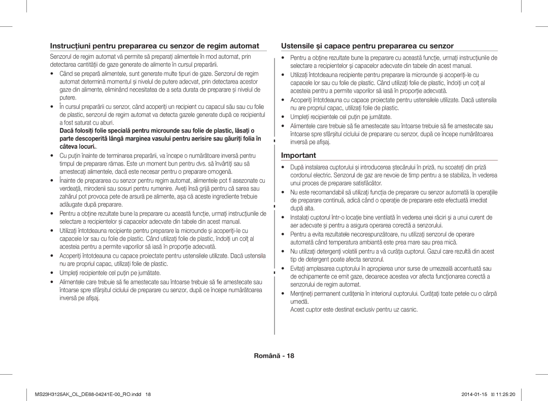 Samsung MS23H3125AK/OL manual Instrucţiuni pentru prepararea cu senzor de regim automat 