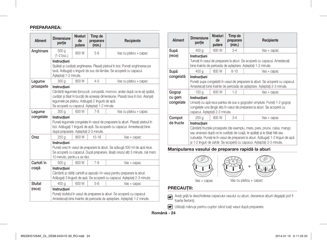 Samsung MS23H3125AK/OL manual Prepararea, Manipularea vasului de preparare rapidă la aburi, Precauţii, Aliment, Porţie 