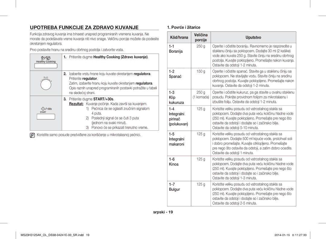 Samsung MS23H3125AK/OL manual Upotreba Funkcije ZA Zdravo Kuvanje, Pritisnite dugme Healthy Cooking Zdravo kuvanje 