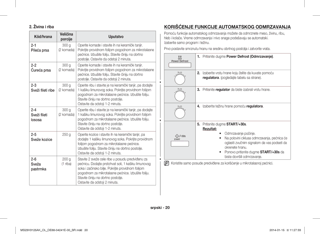 Samsung MS23H3125AK/OL manual Živina i riba, Korišćenje Funkcije Automatskog Odmrzavanja 