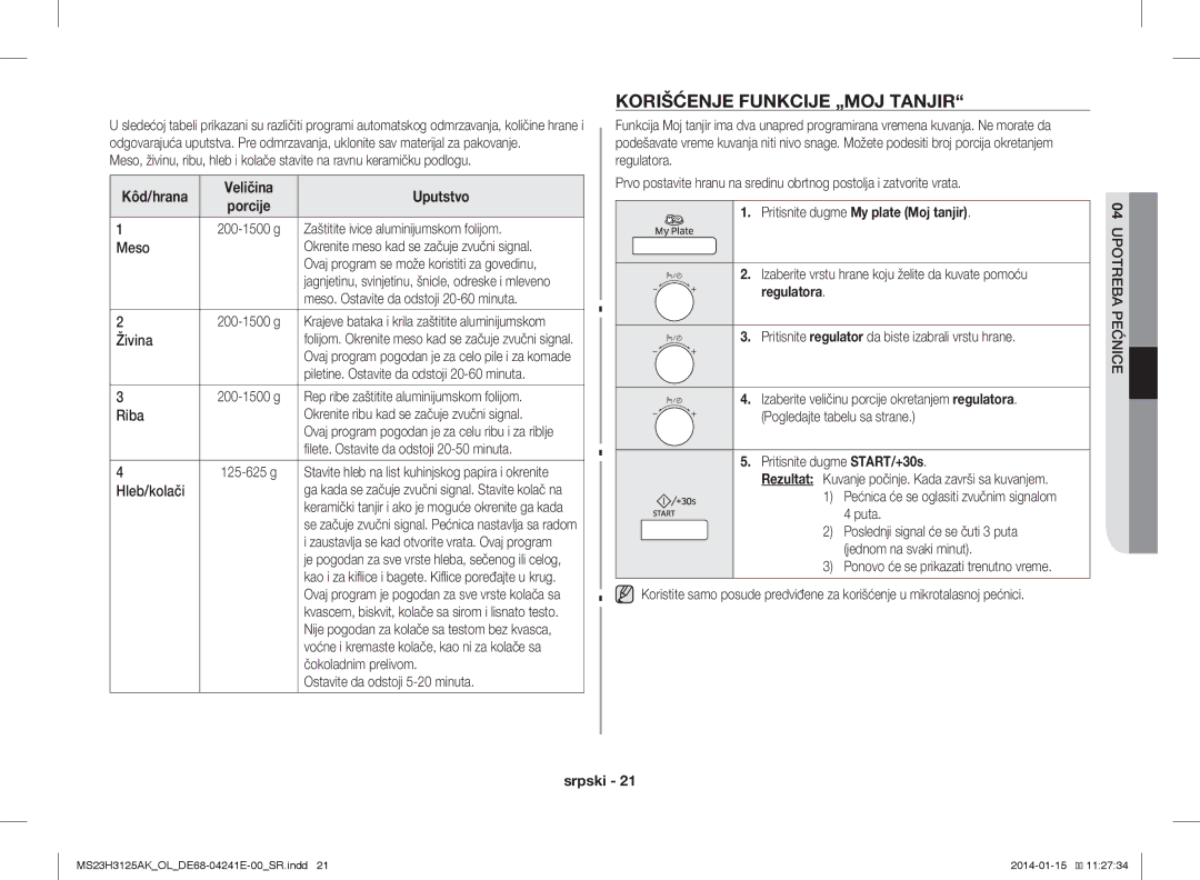 Samsung MS23H3125AK/OL manual Korišćenje Funkcije „MOJ Tanjir, Pritisnite dugme My plate Moj tanjir 