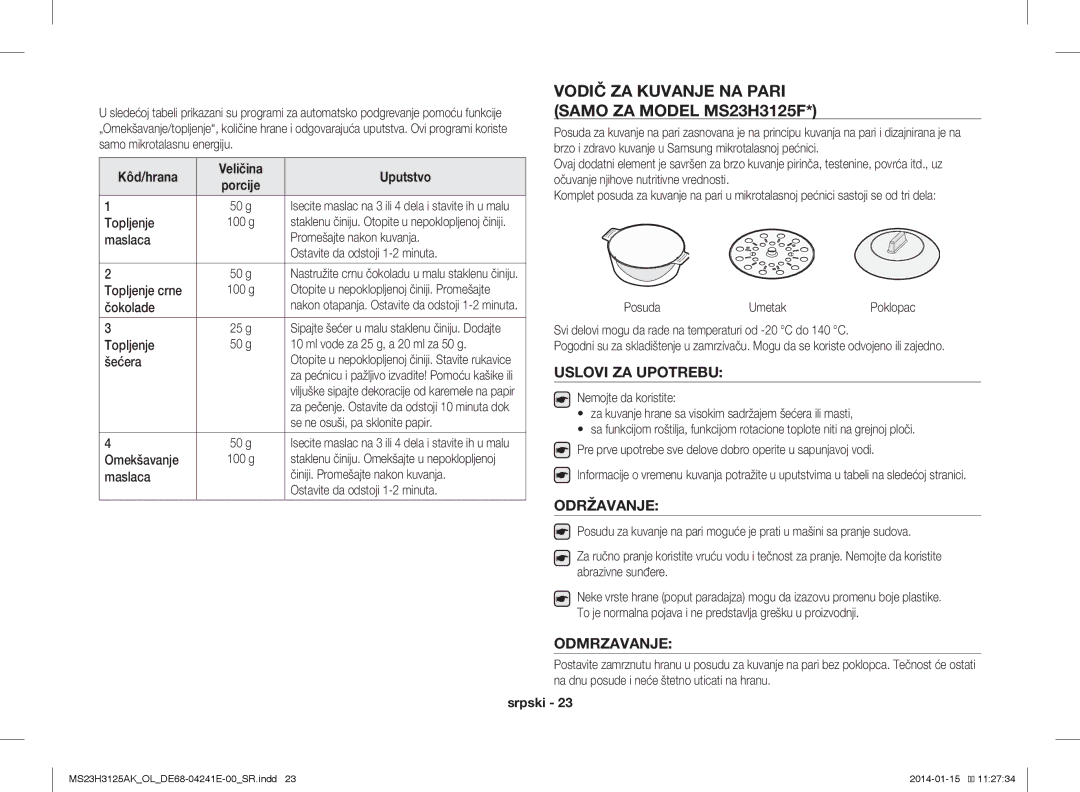 Samsung MS23H3125AK/OL manual Vodič ZA Kuvanje NA Pari Samo ZA Model MS23H3125F, Uslovi ZA Upotrebu 