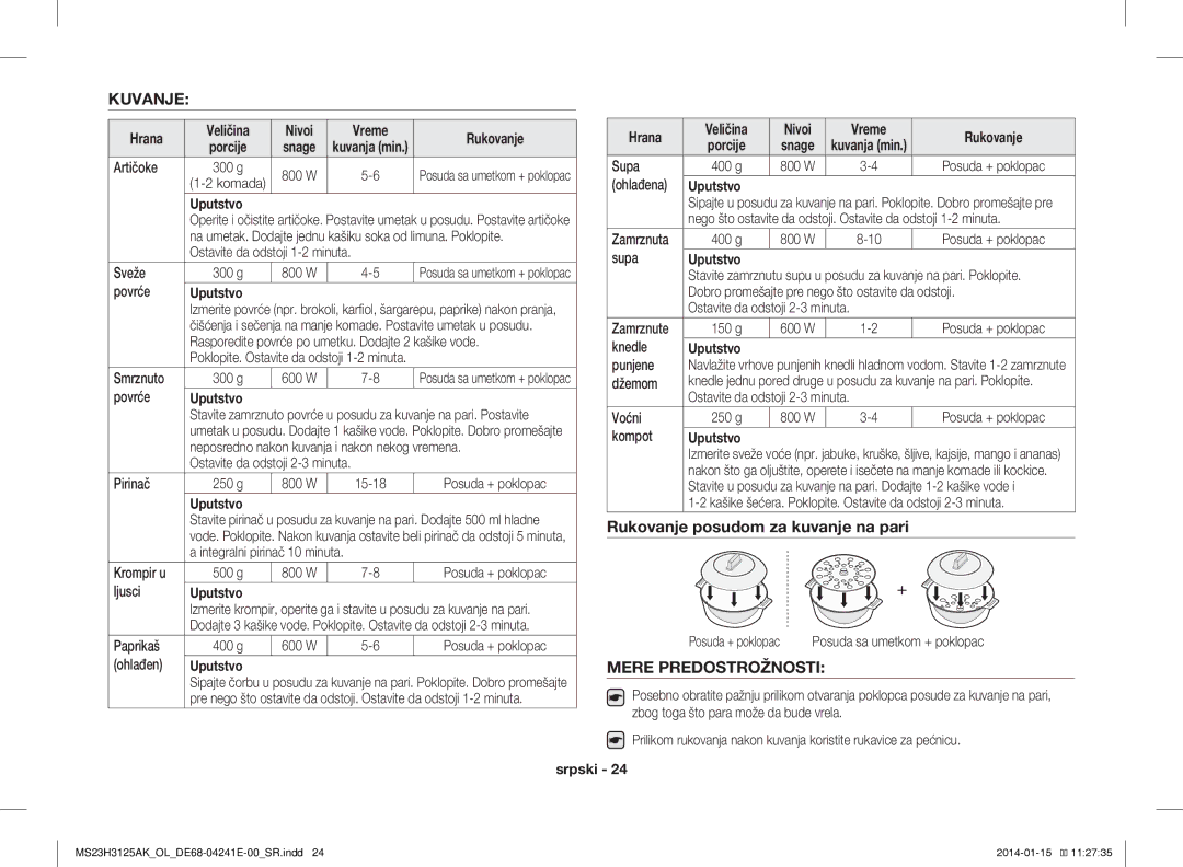 Samsung MS23H3125AK/OL manual Kuvanje, Rukovanje posudom za kuvanje na pari, Mere Predostrožnosti 