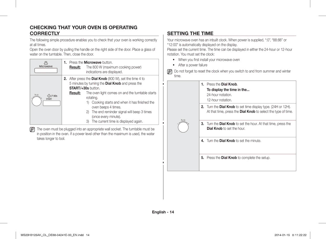 Samsung MS23H3125AK/OL Checking That Your Oven is Operating Correctly, Setting the Time, START/+30s button, Hour notation 