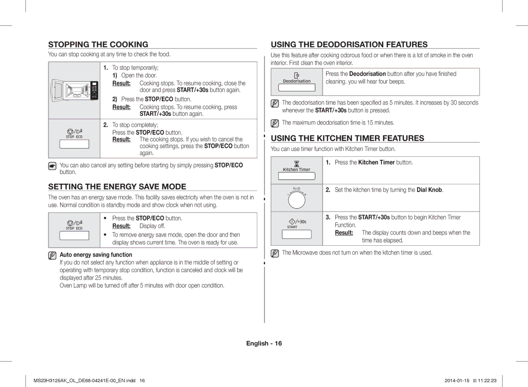 Samsung MS23H3125AK/OL manual Stopping the Cooking, Setting the Energy Save Mode, Using the Deodorisation Features 