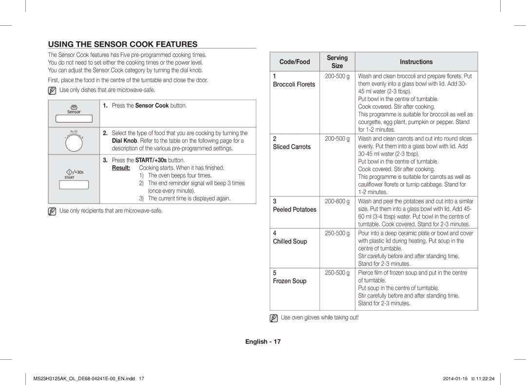 Samsung MS23H3125AK/OL manual Using the Sensor Cook Features, Code/Food 