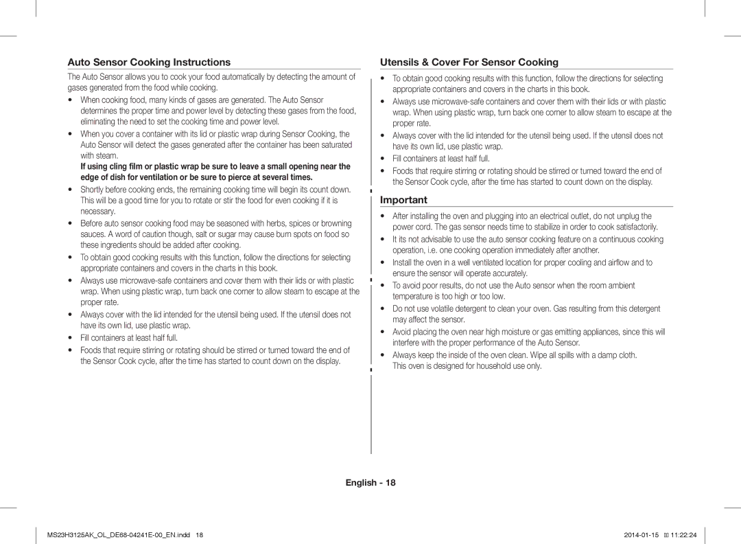 Samsung MS23H3125AK/OL manual Auto Sensor Cooking Instructions, Utensils & Cover For Sensor Cooking 