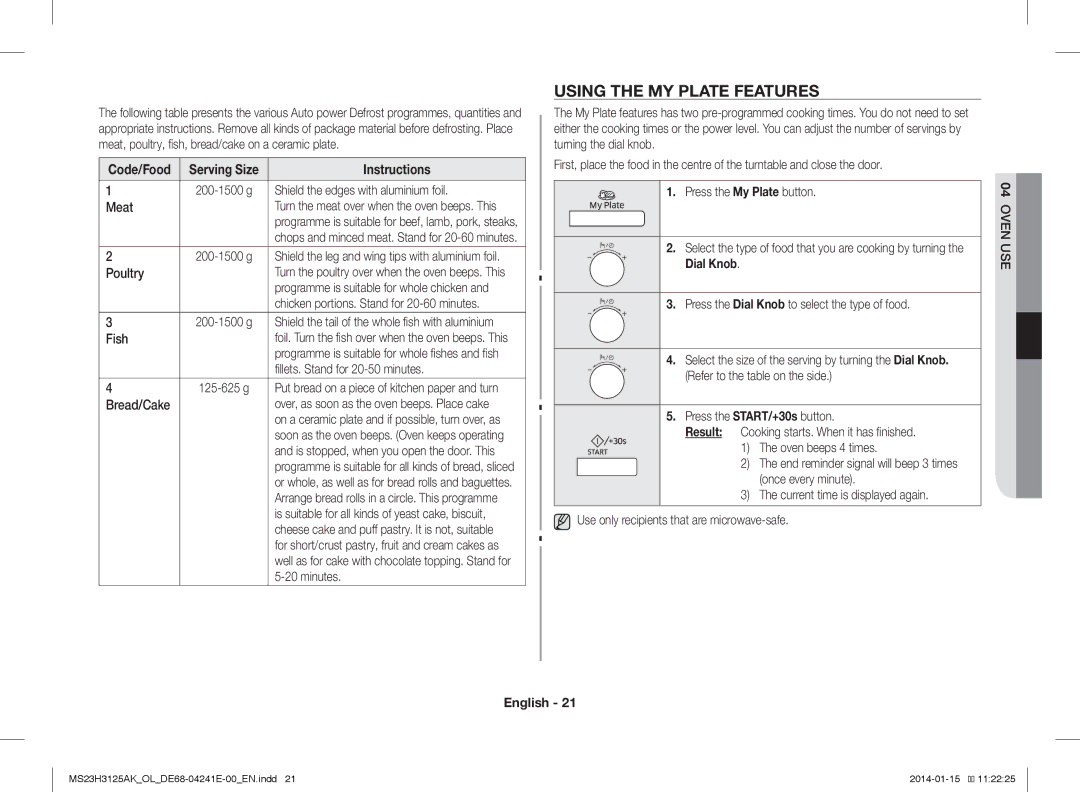 Samsung MS23H3125AK/OL manual Using the MY Plate Features, Code/Food Serving Size 